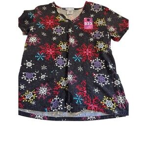 SB Scrubs Scrub Top Size Small Colorful Snowflake Print V Neck Pockets Back Tie
